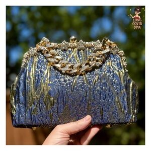 🟦Deep Blue & Golden Bag, Rhinestone Accents & 2 Chain Straps/Handbag, Crossbody